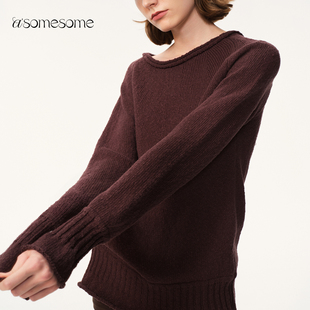 asomesome美式棕色粗针斜肩针织毛衣女秋冬新款显瘦针织衫上衣
