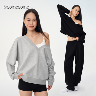 asomesome美式宽松慵懒风露肩V领套头卫衣女春款设计感休闲上衣