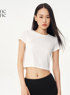 asomesome美式白色圆领正肩短袖T恤女夏短款弹力修身显瘦运动上衣