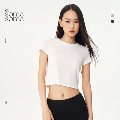 asomesome美式白色圆领正肩短袖T恤女夏短款弹力修身显瘦运动上衣