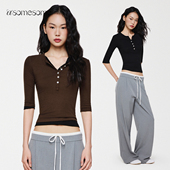 打底衫 asomesome宋祖儿同款 上衣 t恤女秋五分袖 修身 美式 亨利领中袖