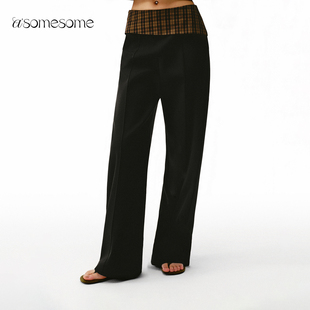 asomesome美式复古翻边格纹直筒西装裤女秋新低腰宽松休闲裤子
