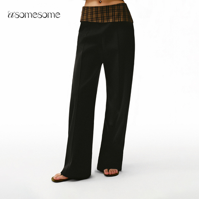 asomesome美式复古翻边格纹直筒西装裤女秋新低腰宽松休闲裤子