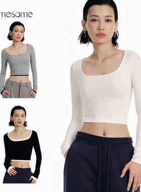 asomesome美式修身方领白色修身打底衫长袖女秋低领短款内搭上衣