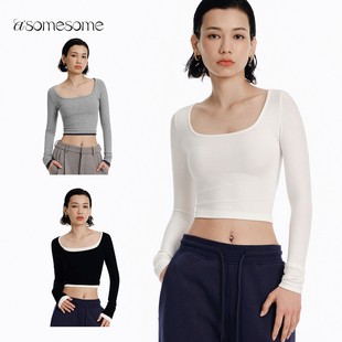 修身 女秋低领短款 方领白色修身 长袖 内搭上衣 打底衫 asomesome美式