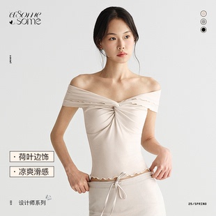 asomesome辣妹一字肩露肩木耳边纽结短袖T恤女夏新设计感修身上衣