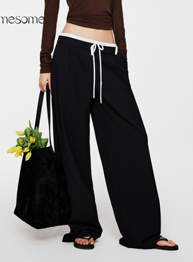 asomesome宋祖儿同款美式拼接腰头西装裤女宽松黑色直筒休闲长裤