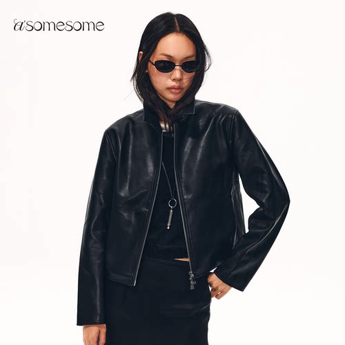 asomesome美式PU皮翻领皮衣外套