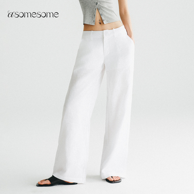 asomesome亚麻宽松阔腿长裤女2025夏薄款透气舒适白色休闲裤子