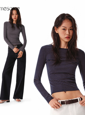 asomesome美式正肩圆领天丝条纹长袖T恤女秋新打底衫修身针织上衣