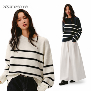 asomesome美式圆领撞色条纹复古羊毛针织衫女秋冬宽松毛衣上衣