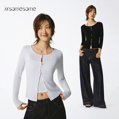 asomesome美式圆领彩色纽扣长袖T恤女秋设计感短款修身针织上衣