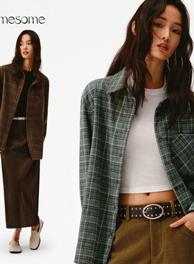 asomesome复古格纹薄呢翻领磨毛衬衫长袖女秋冬宽松休闲内搭上衣