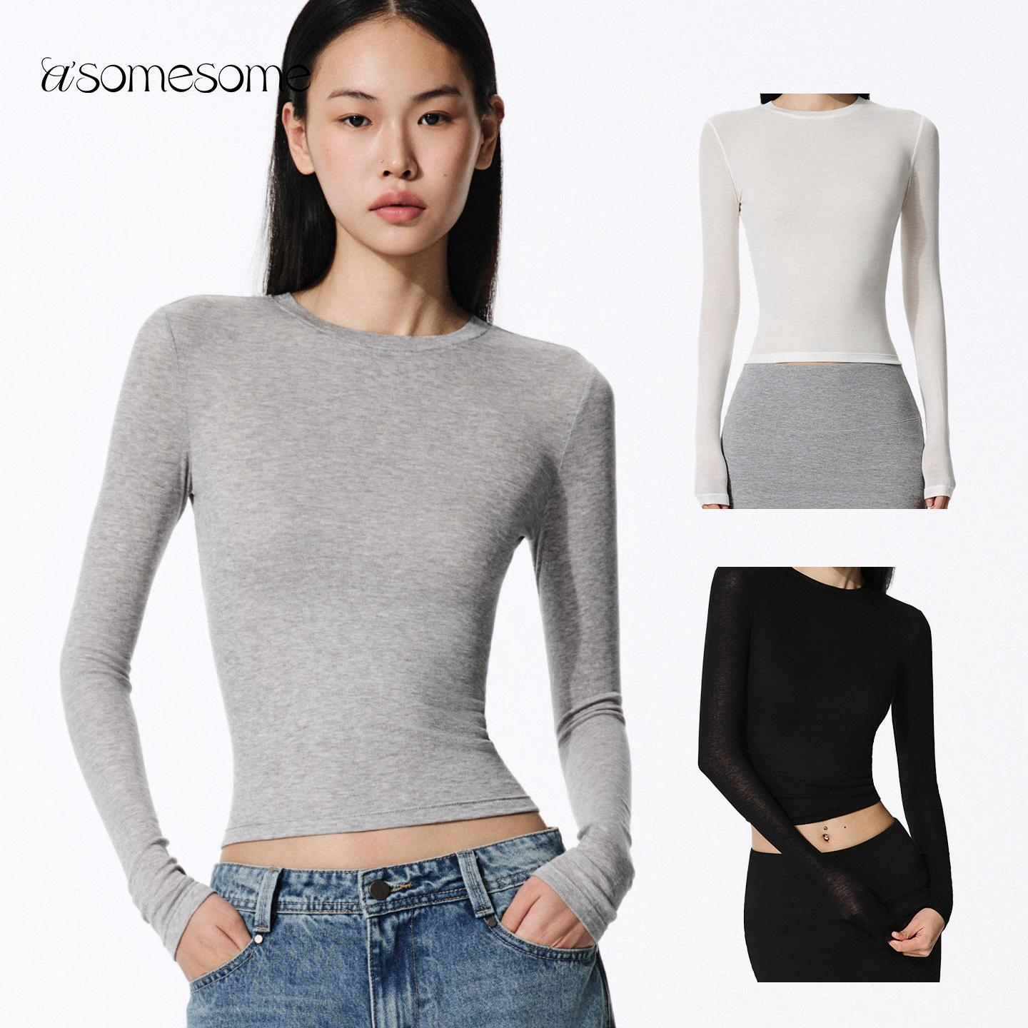 asomesome美式天丝羊毛微透长袖T恤女秋内搭打底衫灰色紧身上衣