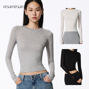灰色紧身上衣 T恤女白色内搭打底衫 asomesome美式 天丝羊毛微透长袖