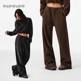 asomesome美式双面摇粒绒宽松直筒卫裤女冬保暖运动休闲加厚裤子