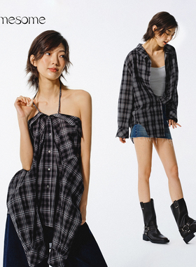 asomesome美式复古宽松格子衬衫女秋连衣裙两穿长袖衬衣防晒上衣