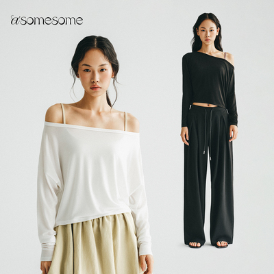 asomesome美式一字领露肩长袖T恤女夏防晒罩衫凉感宽松斜肩上衣