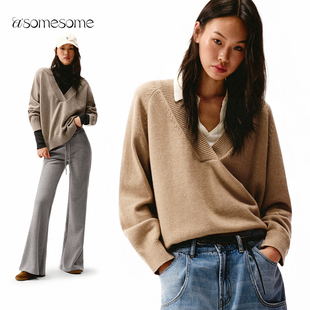 asomesome美式大V领套头宽松羊毛衫女秋新品叠穿毛衣内搭针织上衣