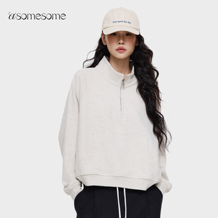 asomesome美式拉链立领短款套头卫衣女春新款宽松显瘦上衣外套