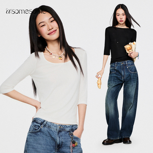 asomesome天丝羊毛打底衫白色微透露背针织衫短袖女春款修身中袖
