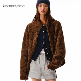 asomesome美式复古泰迪毛立领厚外套女秋冬防风保暖毛衣宽松上衣