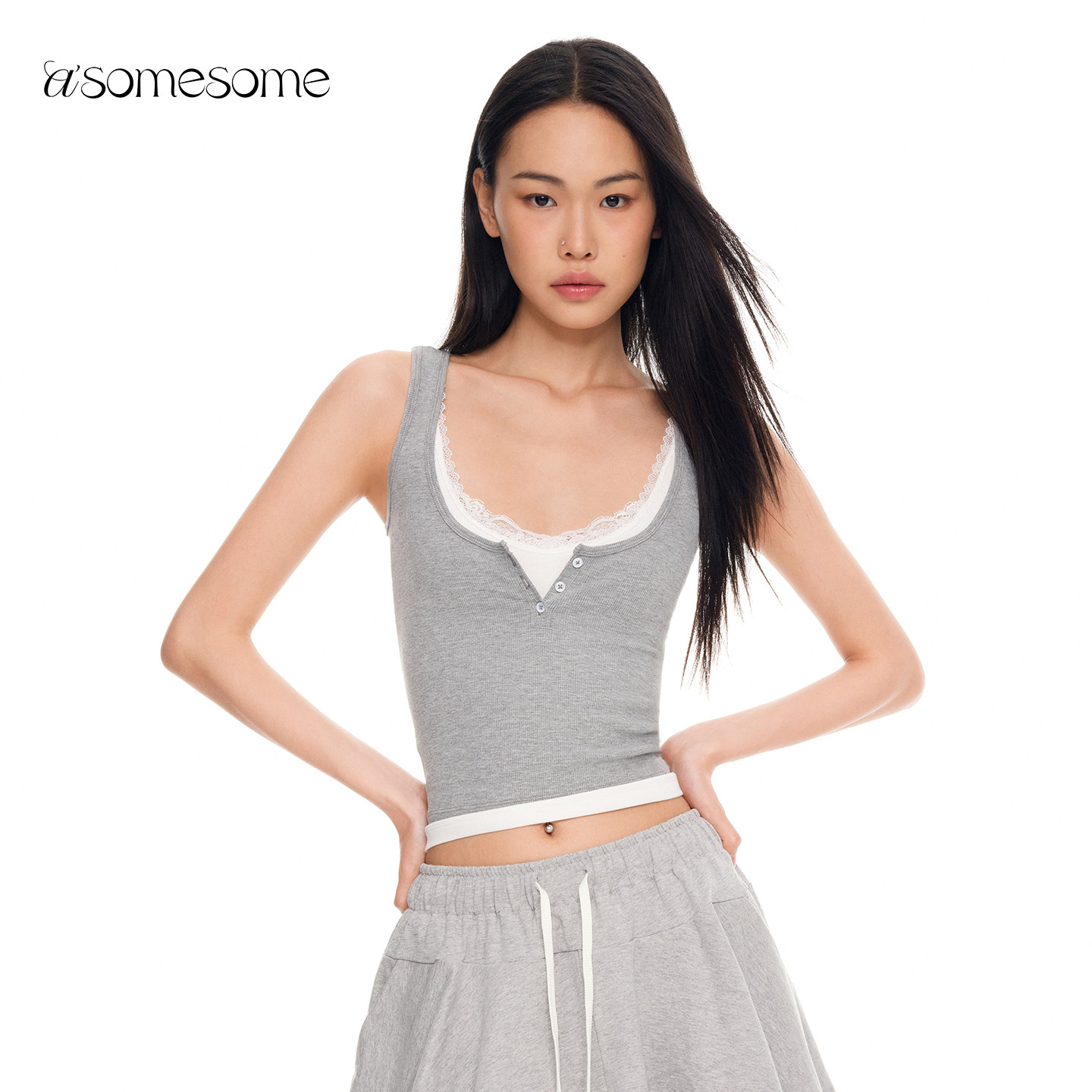 asomesome欧阳娜娜同款美式蕾丝假两件吊带背心女夏灰色叠穿上衣