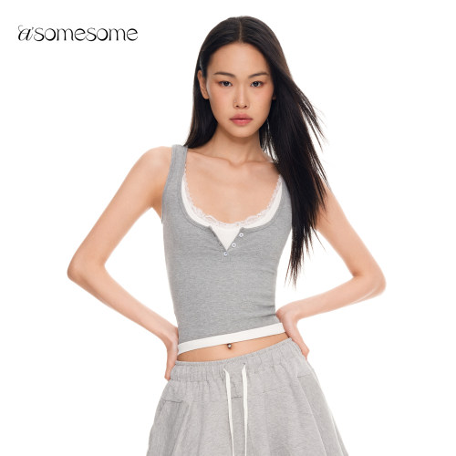asomesome欧阳娜娜同款美式蕾丝假两件吊带背心女夏灰色叠穿上衣