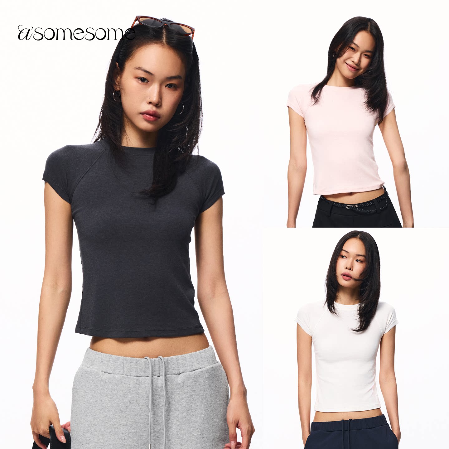 asomesome美式圆领修身显瘦插肩短袖T恤女夏休闲正肩运动短款上衣