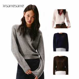 asomesome绵羊毛插肩反接缝圆领毛衫女秋高级感修身毛衣针织上衣