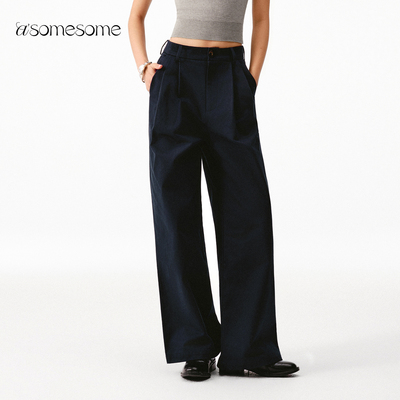 asomesome全棉中低腰宽松阔腿裤女春新直筒通勤休闲裤垂感拖地裤