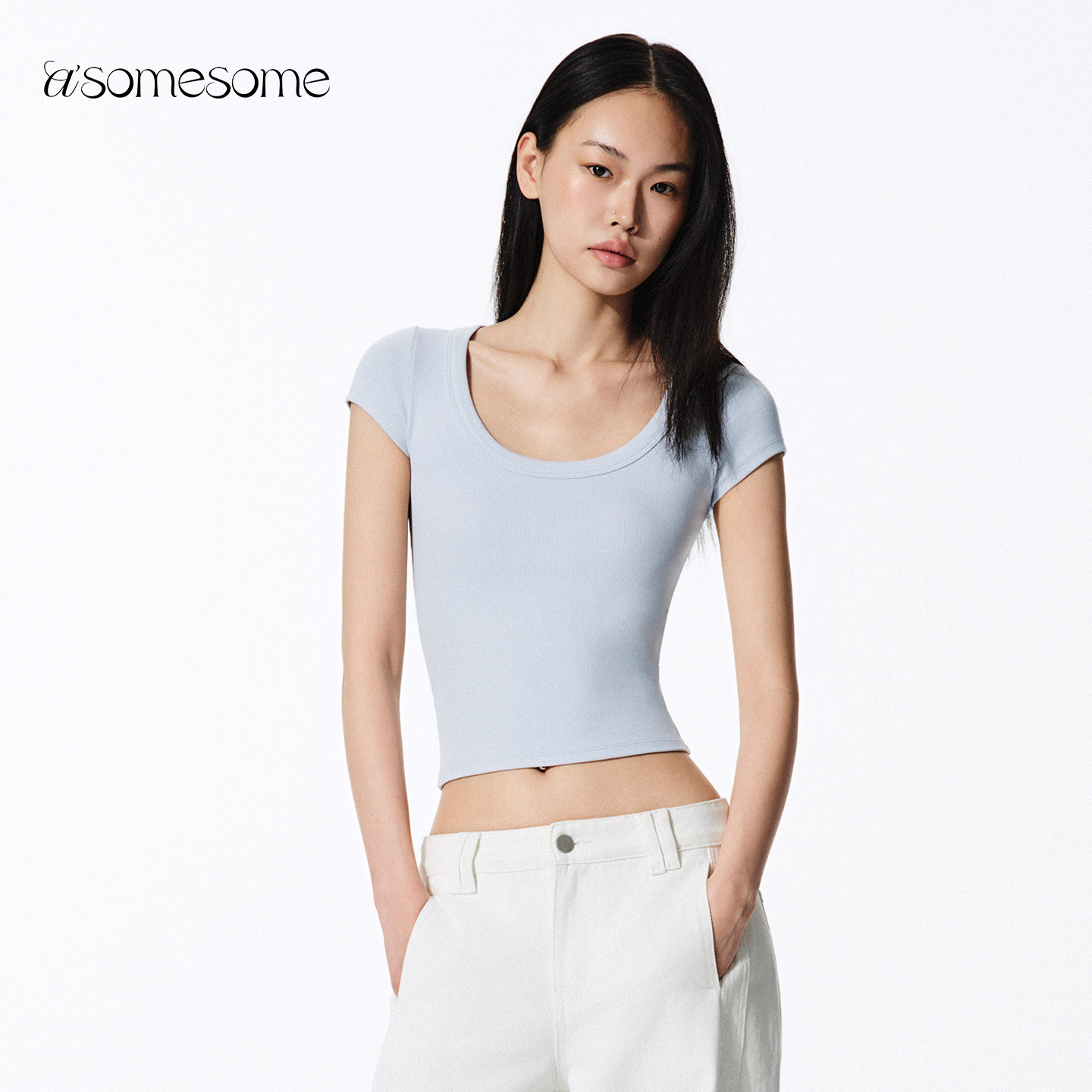 asomesome美式糖果色圆领纯色基础短袖T恤女紧身收腰显瘦蓝色上衣