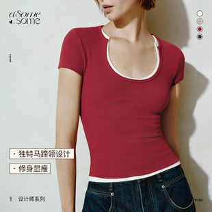 设计感显瘦打底上衣 asomesome美式 正肩马蹄领修身 短袖 T恤女夏新品