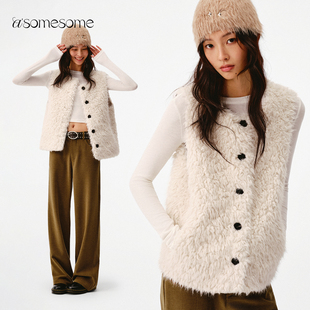 asomesome复古皮毛一体白色毛绒背心马甲女秋冬外套保暖环保皮草