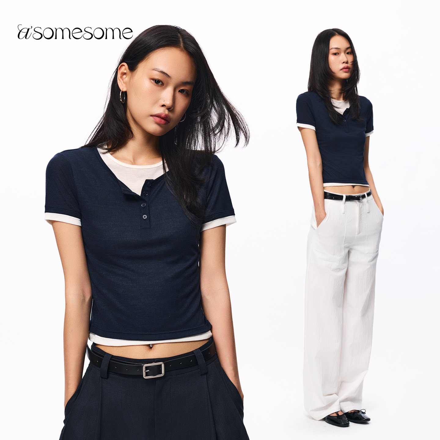 asomesome天丝羊毛美式假两件T恤图片