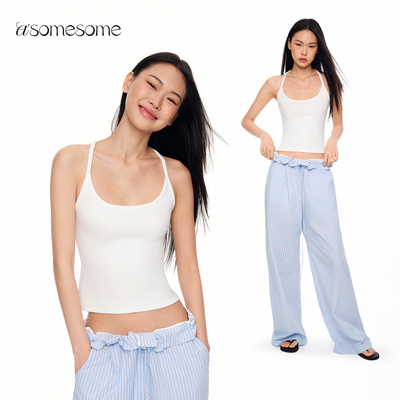 asomesome美式辣妹挂脖胸垫工字吊带背心女遮副乳短款运动上衣