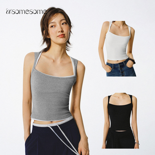 asomesome美式方领宽肩带背心女夏新遮副乳吊带修身显瘦内搭上衣