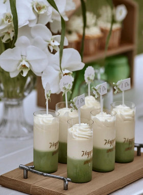 白绿色婚礼甜品台蛋糕长方形I Do蝴蝶结小插件直筒慕斯杯love插牌