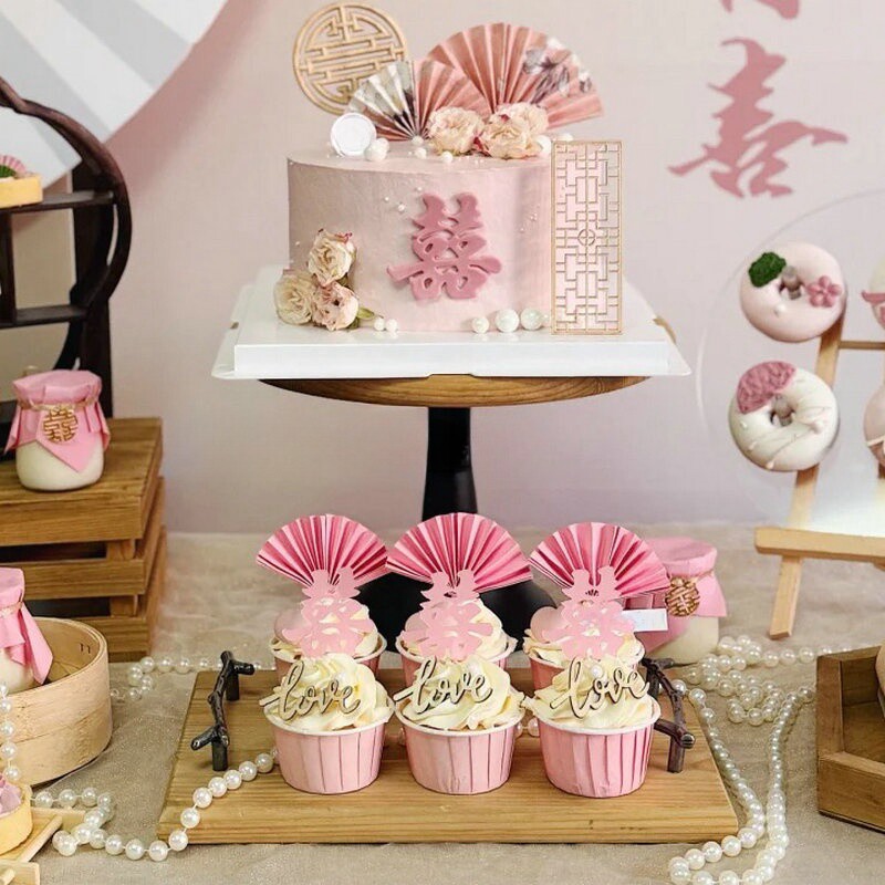 粉色婚礼甜品台装饰贴纸木片love慕斯杯插件布丁杯封口纸双喜绑带