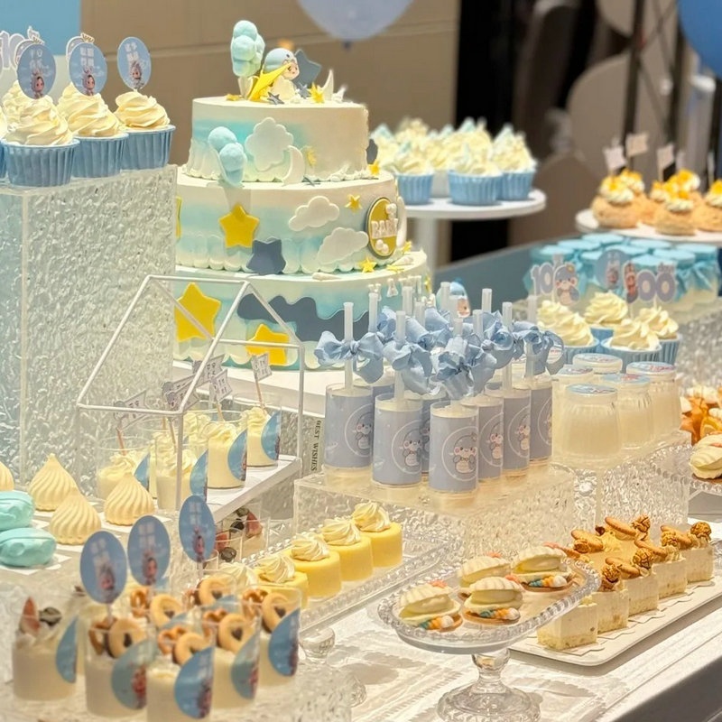 蓝色甜品台装饰布置生日婚礼结婚烘焙插牌布丁纸推推乐筒贴纸桌布