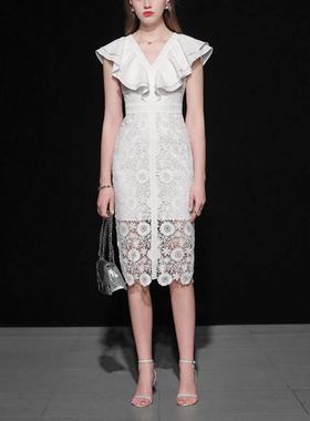 欧美2019夏季新款气质修身名媛修白色中长款v领连衣裙女蕾丝性感