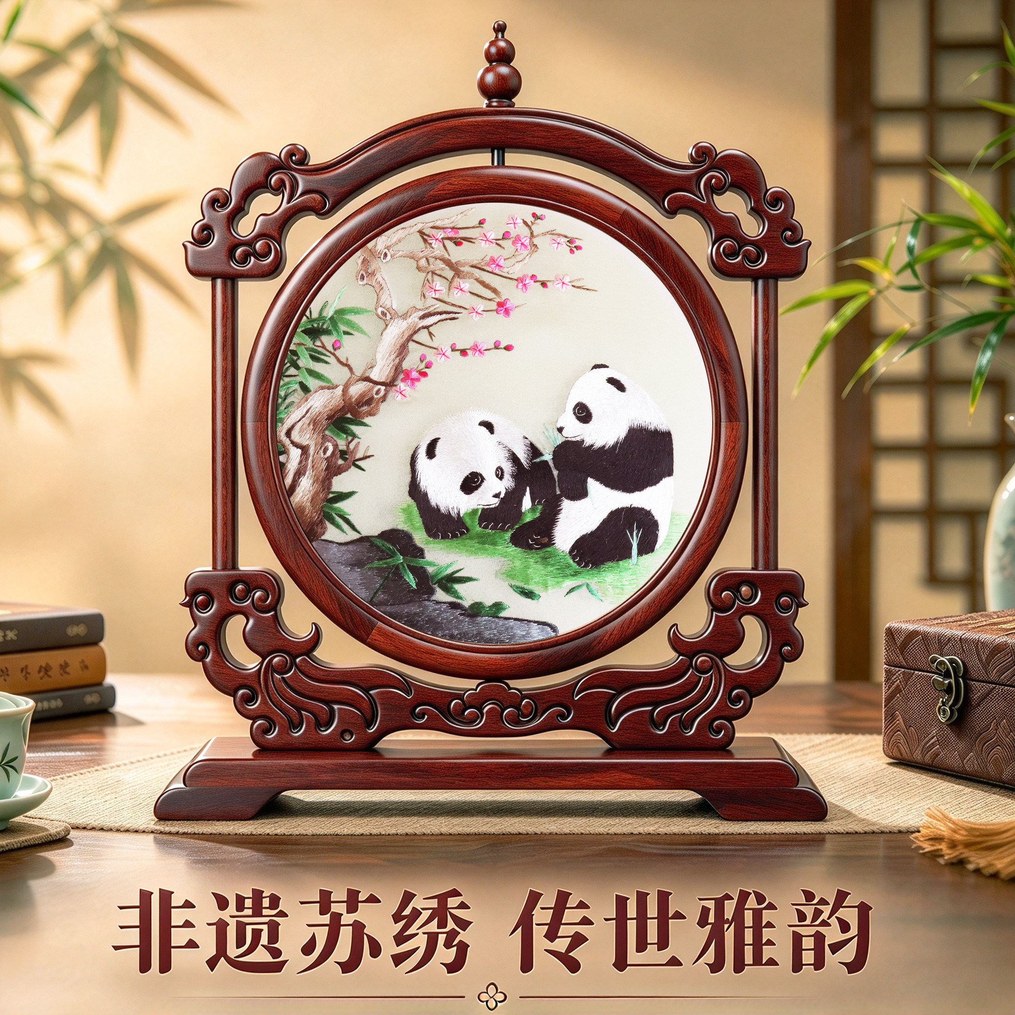 手工苏绣摆件双面刺绣工艺品新中式桌面办公室装饰台屏中国风礼物
