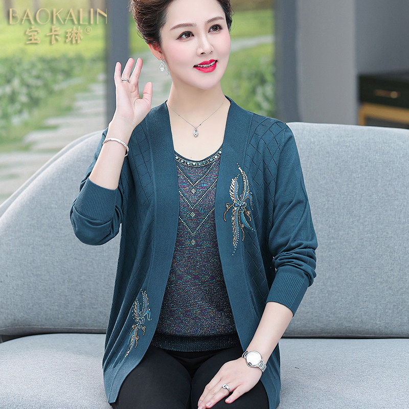 中老年人女装春装新款加肥加大上衣妈妈春秋套装洋气针织衫两件套