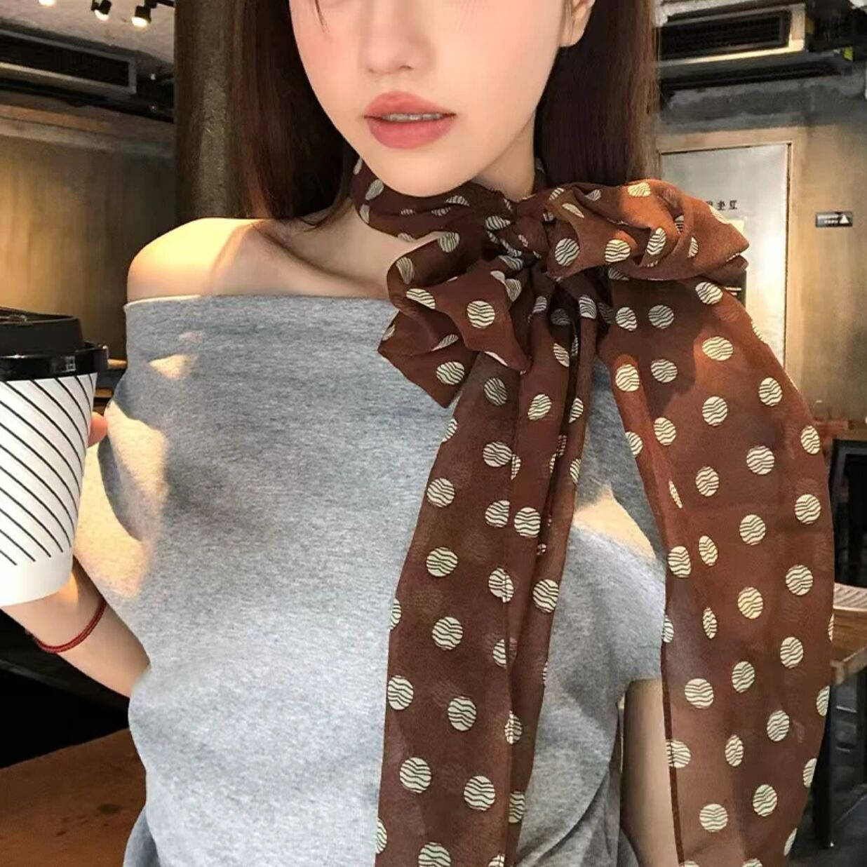 复古气质波点棕色丝巾一款多用女颈链绑带发带丝带高级感配饰发饰