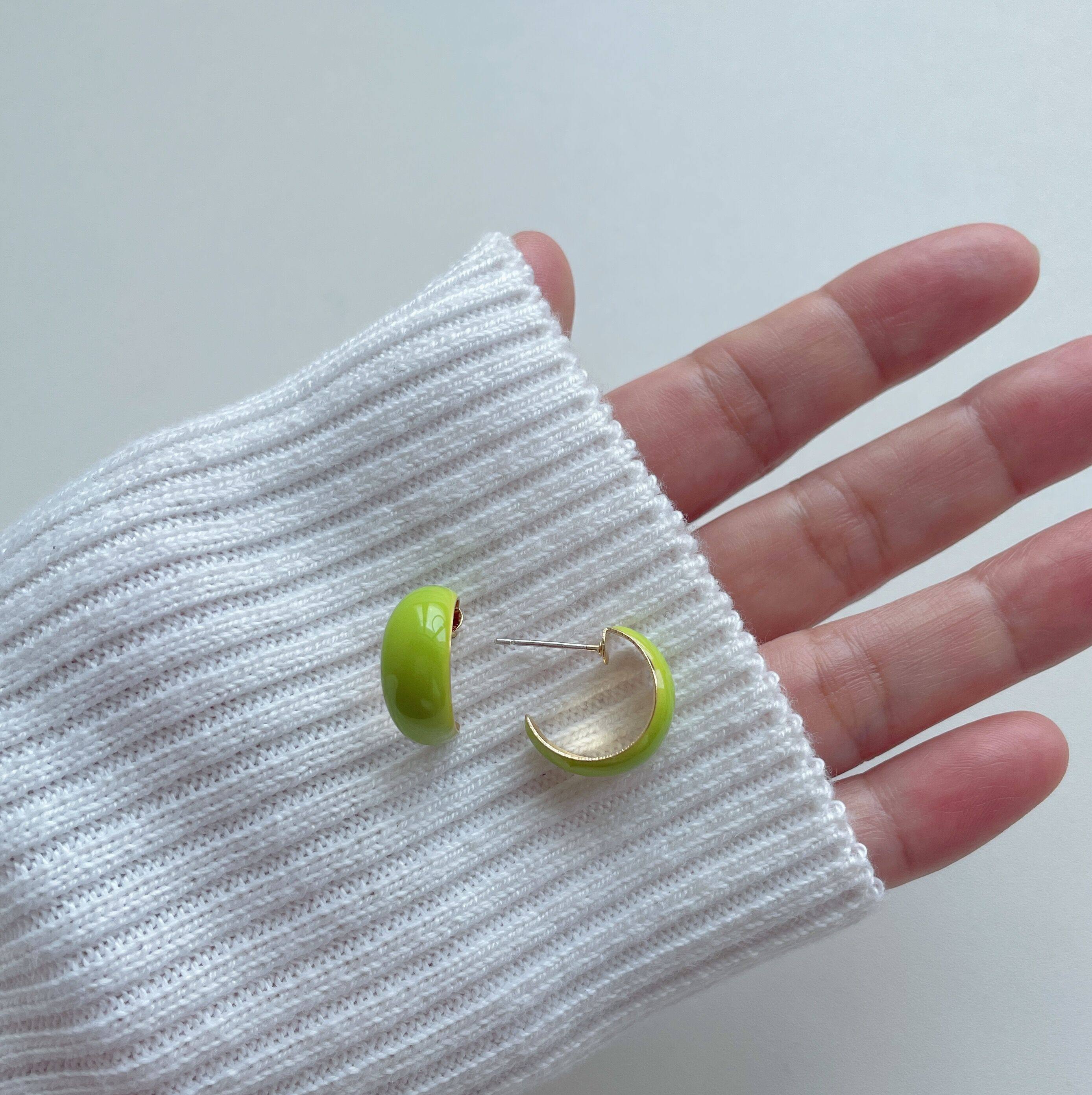 复古chic简约百搭滴釉抹茶绿925银针c型耳圈耳环耳饰女