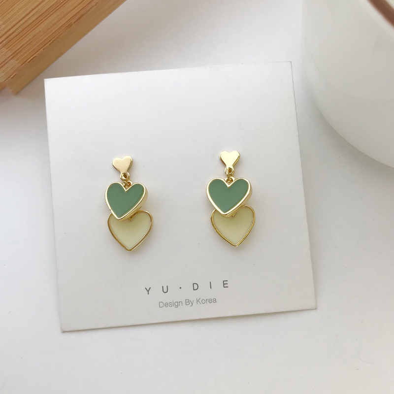 925银针夏季小清新薄荷绿爱心耳钉女可爱少女心甜美心形耳饰耳夹