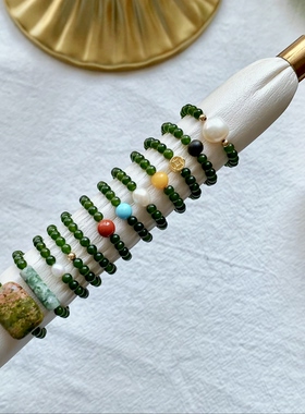 原创新中式显白绿色玉髓串珠戒指女百搭天然清新弹力气质食指戒