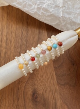 温柔轻奢施家珍珠串珠弹力绳戒指女极细叠戴百搭天然石食指尾戒