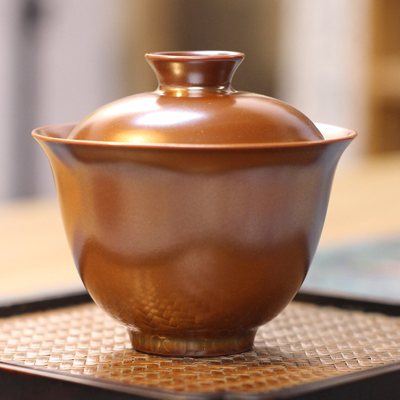 紫金釉二才盖碗分茶器泡茶碗中式手工功夫茶具泡茶壶陶瓷高端茶道