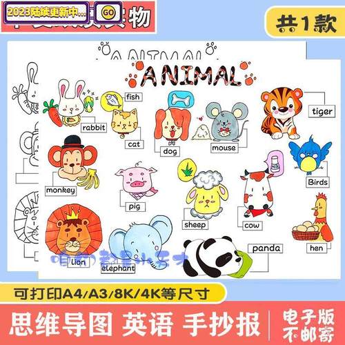 英语三年级上第四单元思维导图动物手抄报模板电子版线稿A3A48K